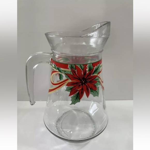 Vintage Poinsettia And Holly Berry Juice Water Pitcher And 4 Glasses Christmas - Picture 2 of 7